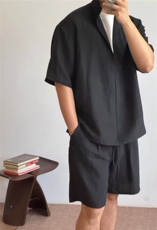 老钱风亚麻莱赛尔短袖衬衫男夏季潮牌复古假两件衬衣速干凉感半袖，男装休闲套装，电商A061