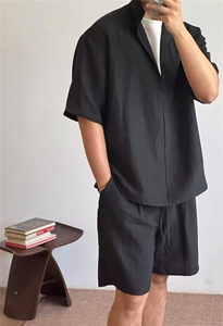 老钱风亚麻莱赛尔短袖衬衫男夏季潮牌复古假两件衬衣速干凉感半袖图片