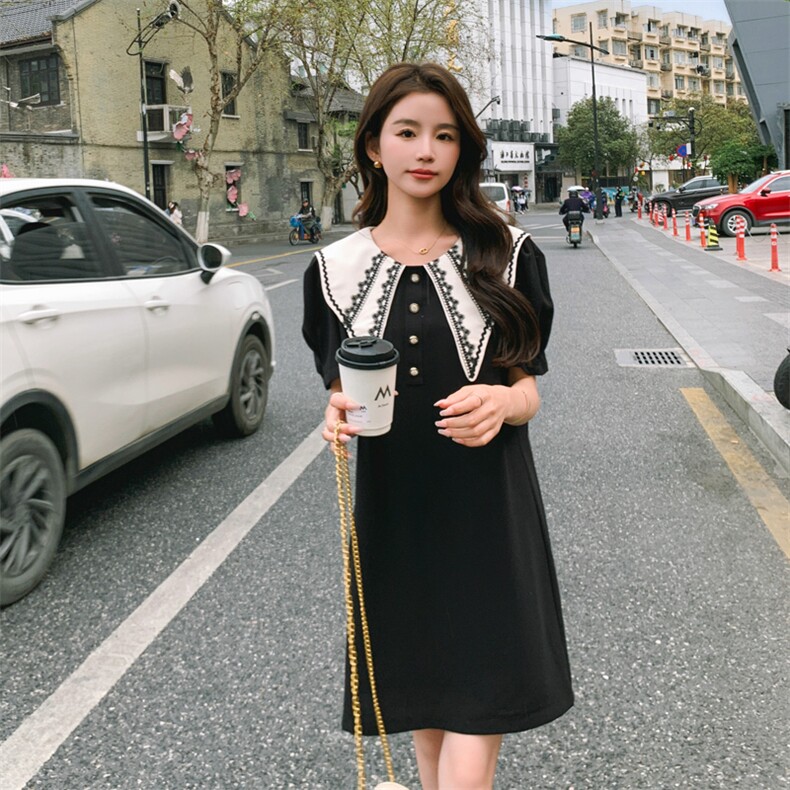 黑色海军领高级感设计感中长裙bxf182-8375-P120K178,女装连衣裙,帛香坊