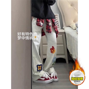 抖音得物高品质秋冬季重磅花卉刺绣潮流运动宽松加绒直筒休闲卫裤图片