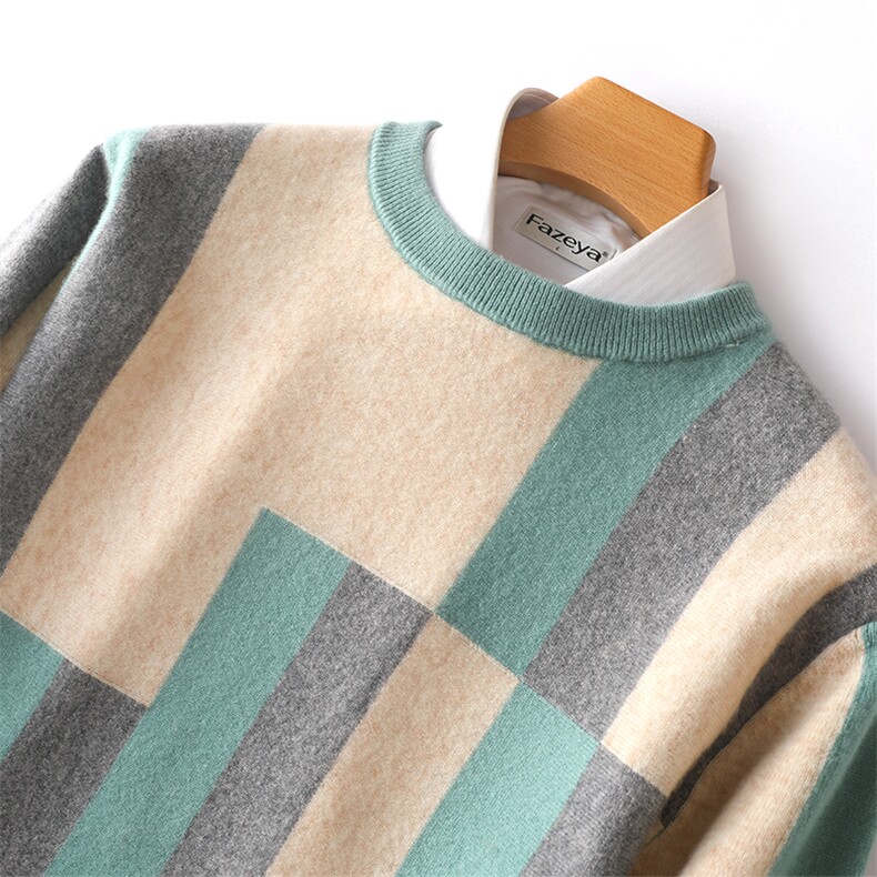 男士圆领英伦复古撞色条纹个性拼接纯山衫男装，男装羊绒套衫，枫宸羊绒