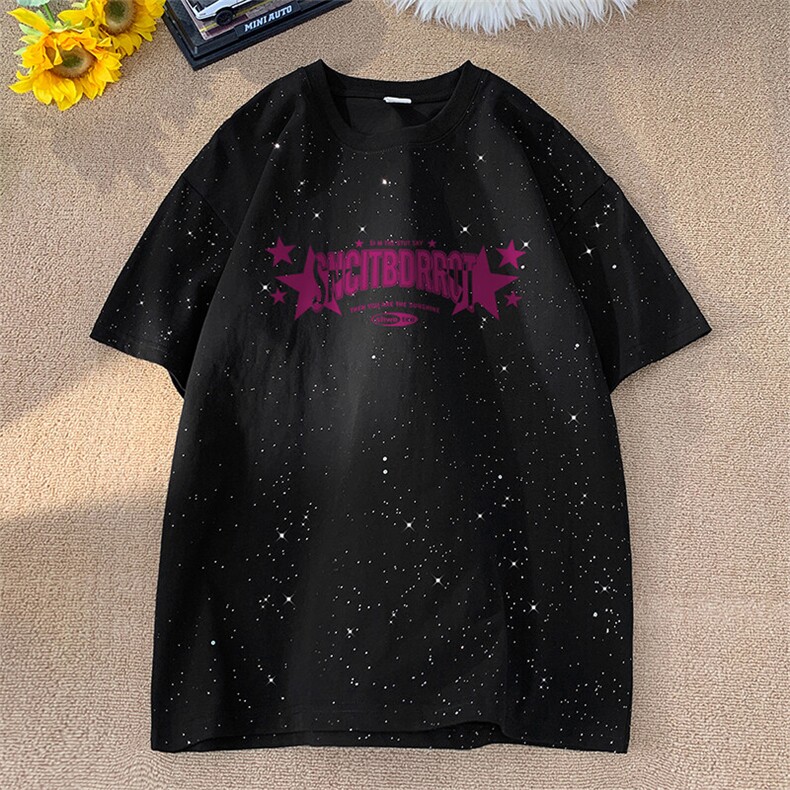 可48小时发货支持抖音得物来样二开美式满天星亮片短袖T恤MTX668,男装T恤,电商A486