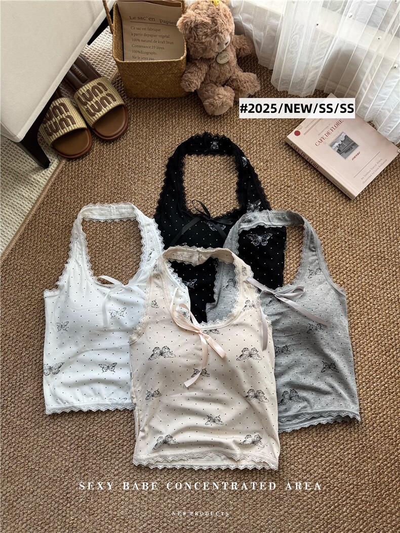 夏季辣妹蕾丝花边挂脖吊带背心带胸垫蝴蝶结印花内搭上衣，女装背心吊带，梦白服饰厂