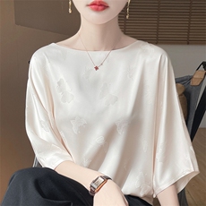 新中式女装真丝缎面2025夏新款刺绣花T恤七分袖国风提花圆领上衣，女装蕾丝衫/雪纺衫，朝贺羊绒