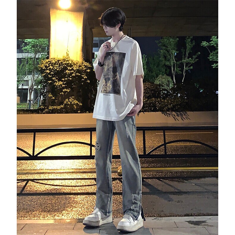 欧美hiphop街头破洞牛仔裤直筒微喇叭修身vibe美式乞丐裤潮牌,男装牛仔裤,星座310A-4