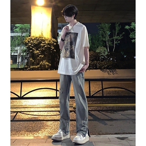 欧美hiphop街头破洞牛仔裤直筒微喇叭修身vibe美式乞丐裤潮牌图片