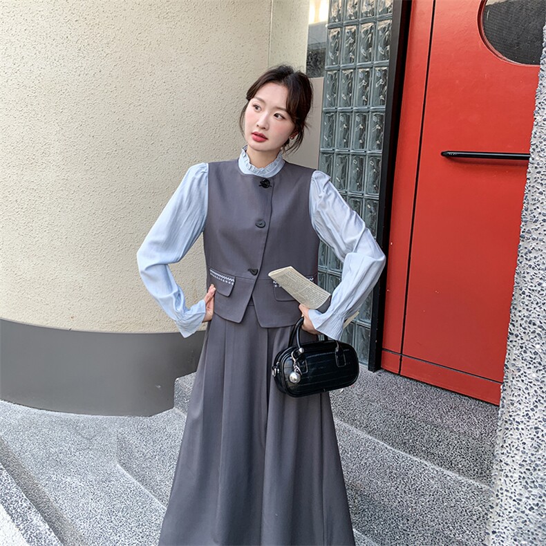 2026新款长袖衬衫+马甲+半身裙三件套套装,女装套装/套裙,纯色衣恋