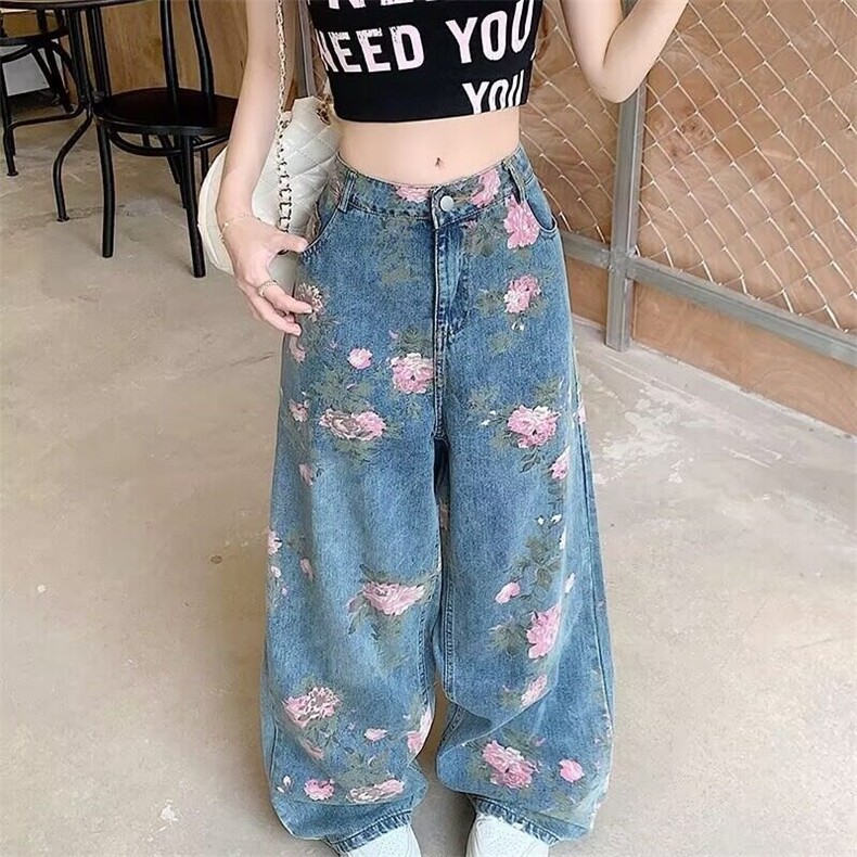 BLACKLISTS美式复古慵懒松弛感花朵牛仔裤男女宽松直筒拖地阔腿裤,男装牛仔裤,星座813-2