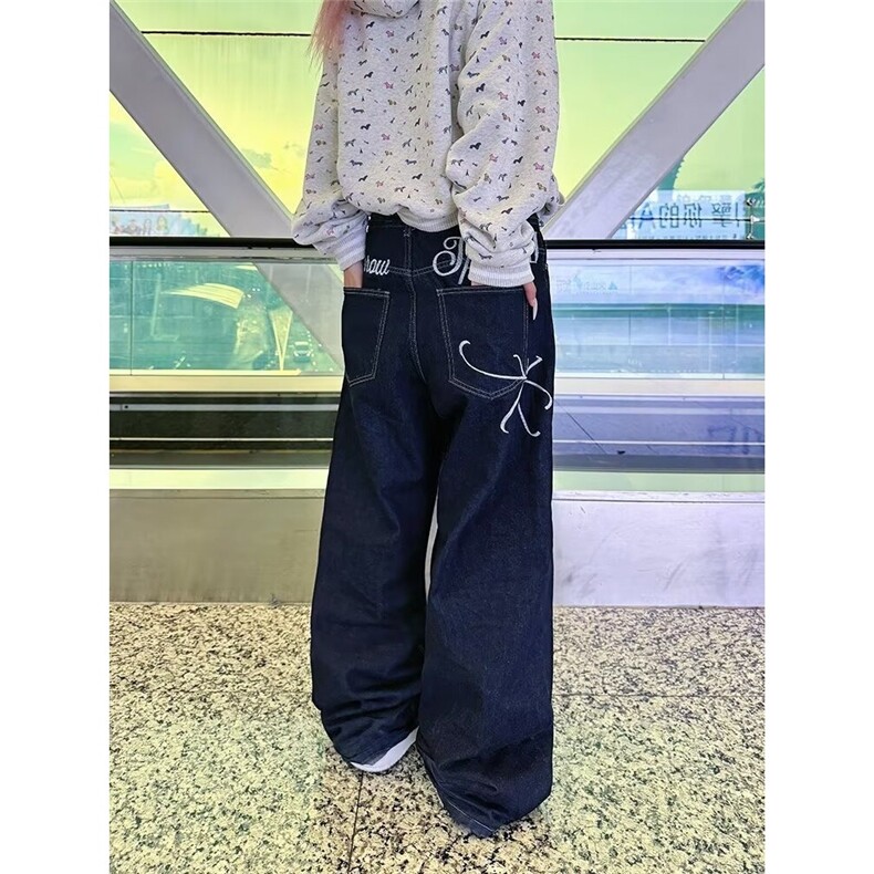 深蓝色阔腿牛仔裤女秋冬2025新款高腰宽松慵懒垂感美式直筒拖地裤,男装牛仔裤,星座506A