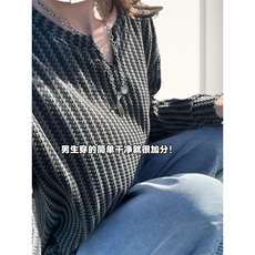 美式高街千鸟格子长袖T恤男女亨利V领英伦雅痞休闲宽松长袖打底衫，男装T恤，电商A486
