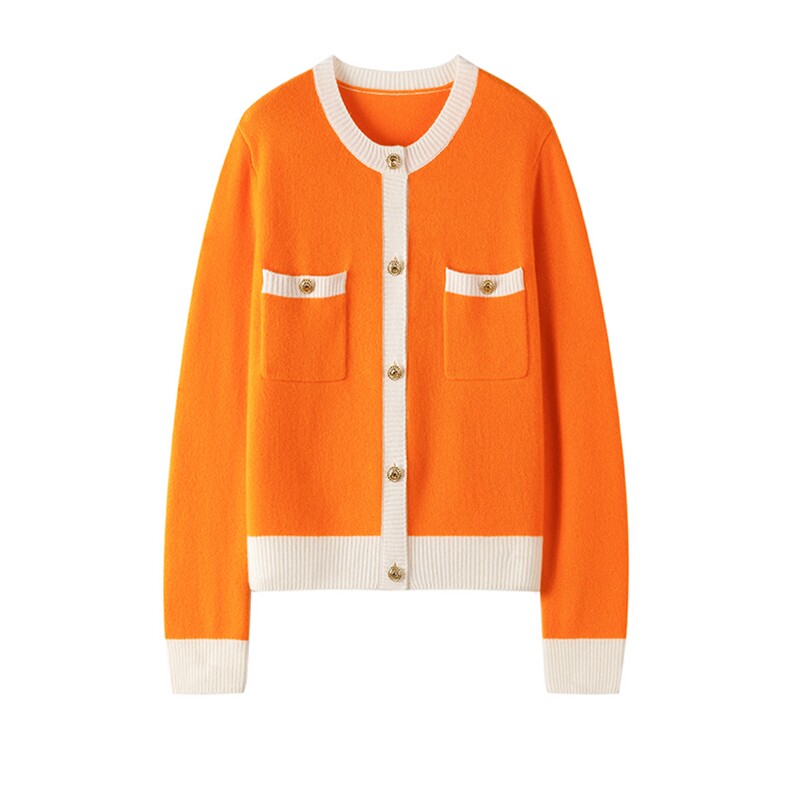 2025春秋新款羊绒衫女100纯山羊绒圆领拼色针织开衫宽松通勤外套，女装羊绒衫，绒知纯羊绒