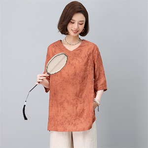 显瘦亚麻中长宽松中年妈妈女装2025新款t恤夏季短袖打底上衣棉麻图片