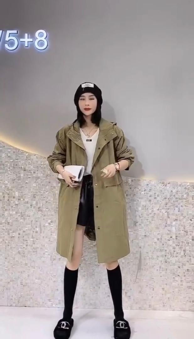 2021秋季新款休闲宽松后抽绳双口袋大版风衣外套,女装风衣,L·H·X