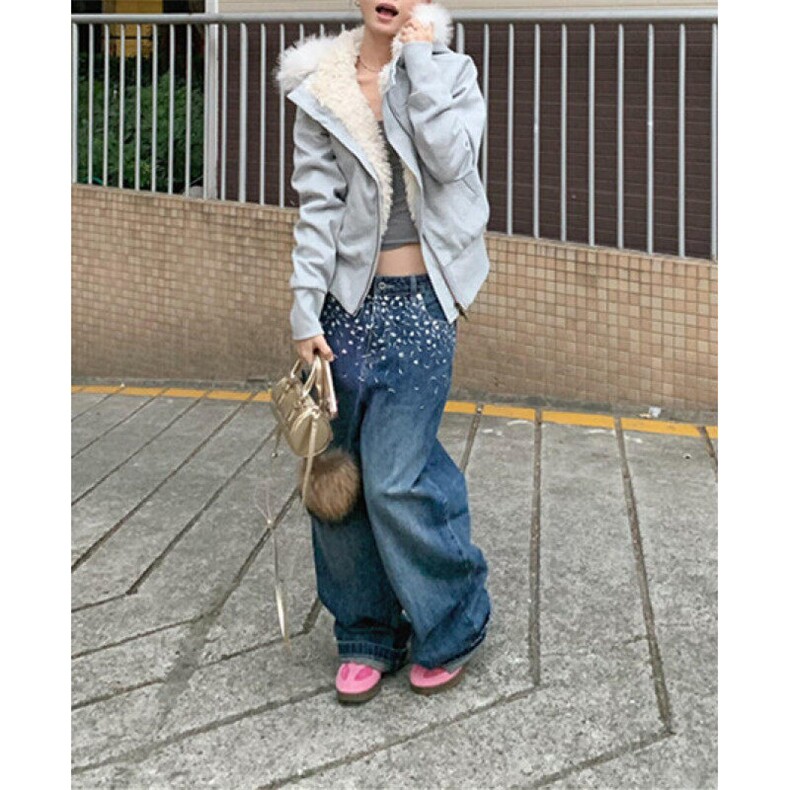 高街碎花刺绣弯刀牛仔裤女设计感宽松百搭显瘦高腰阔腿裤N7821,男装牛仔裤,星座1116A（原606A-3）