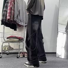 秋季拼接假两件牛仔裤男直筒做旧水洗高街美式休闲潮牌痞帅裤子，男装牛仔裤，星座410-6（原星座1304-1）