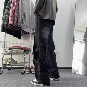 秋季拼接假两件牛仔裤男直筒做旧水洗高街美式休闲潮牌痞帅裤子图片