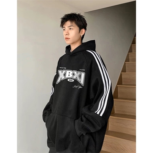 抖音得物品质480克全棉加绒织带连帽印花卫衣三条杠针织卫衣A0414图片