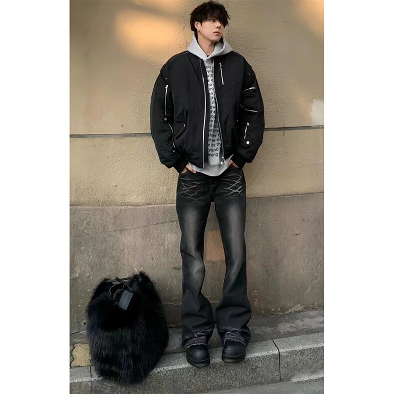 美式ins高街hiphop重工艺水洗暗黑微喇牛仔裤货号K2401P60,男装牛仔裤,电商A063
