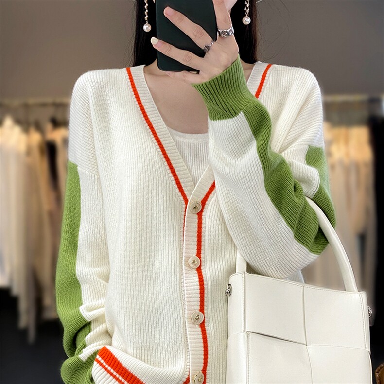 时尚百搭撞色开衫女士羊毛衫舒适保暖显瘦外套,女装羊毛衫,莺澜羊绒