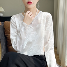 时尚中式缎面小衫防晒衫女长袖提花罩衫薄款上衣空调衫夏季慵懒风，女装蕾丝衫/雪纺衫，羊特美羊绒