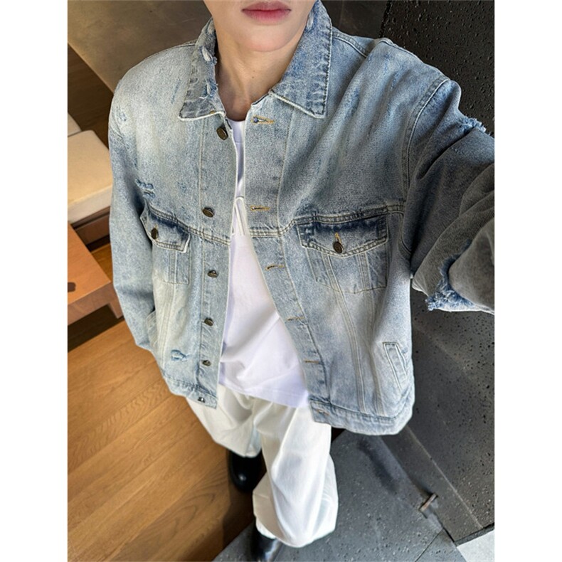水洗美式休闲破洞牛仔做旧翻领夹克男女宽松牛仔外套 JK8643图片