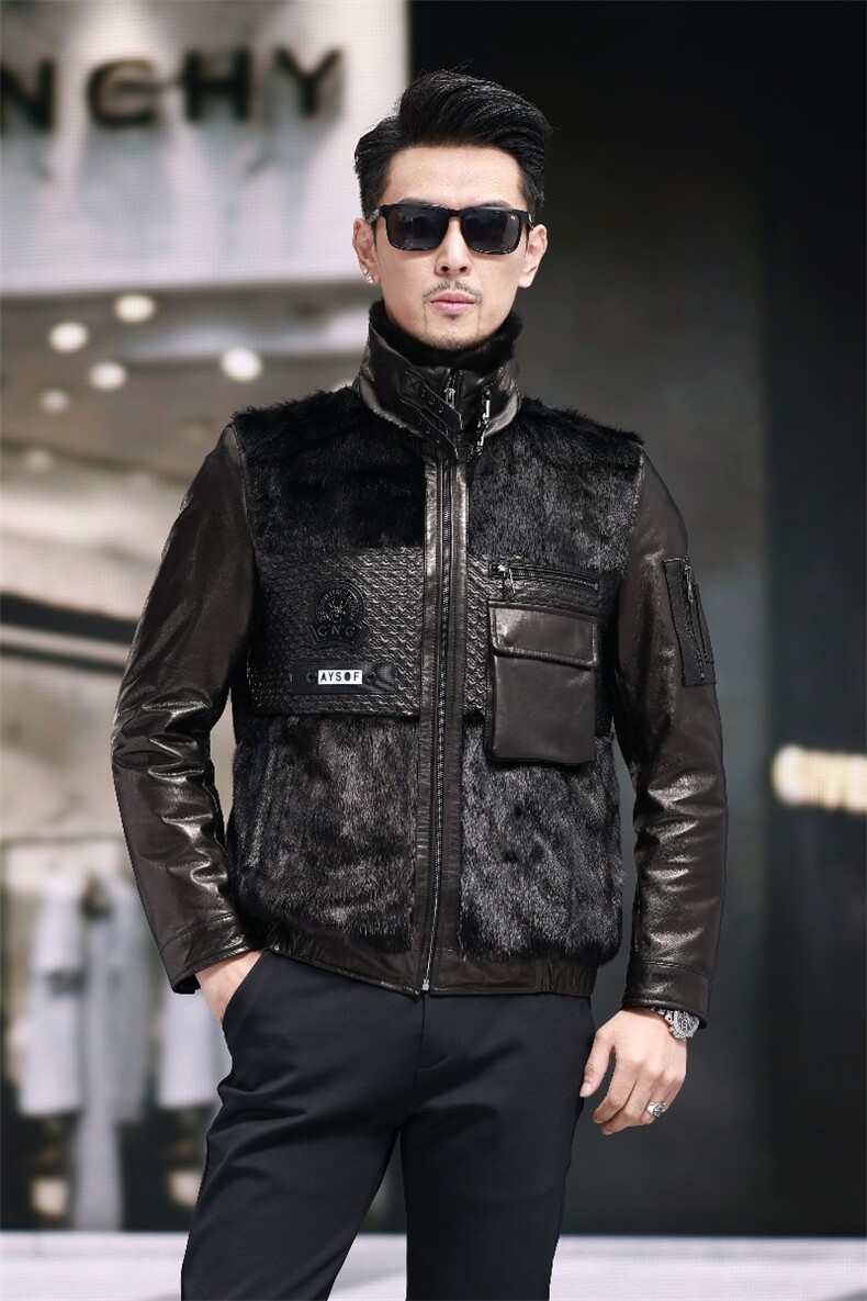 BIJ901冬季新款海宁真皮羽绒服男山羊皮夹克翻领时尚男装机车皮衣,男装皮衣,电商B360