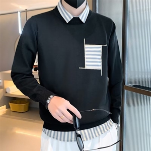 假两件毛衣男士衬衫领长袖毛线衣服春秋季外套修身针织衫 S3381图片