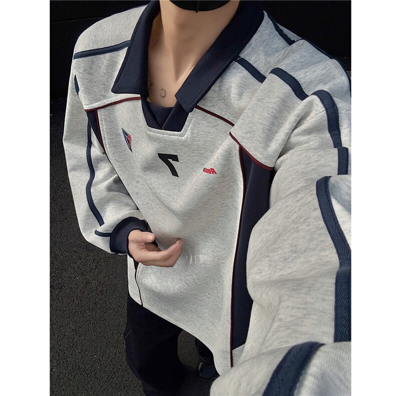 美式复古拼接设计感运动风polo领情侣卫衣宽松外套男H1059P68，男装卫衣，电商A341