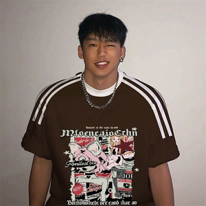 夏季美式高街重磅纯棉三条杠织带撞色男女短袖T恤ZD572-特P30图片