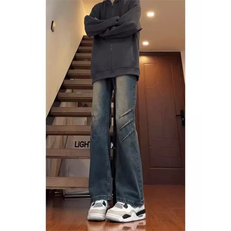复古男水洗做旧直筒微喇裤美式褶皱牛仔长裤显瘦修身H596 P42图片