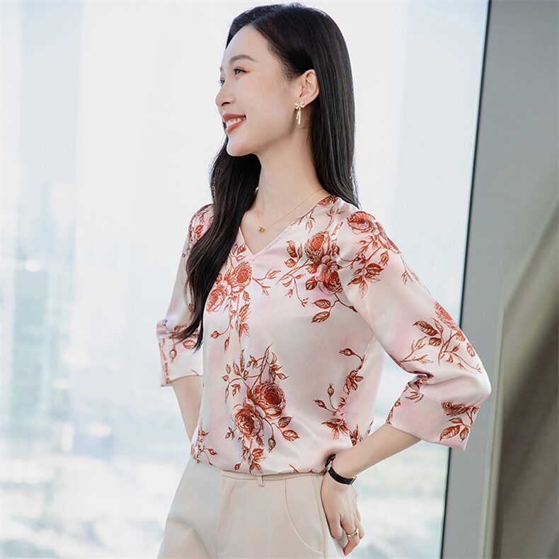 五分袖真丝衬衫女上衣T恤2026春夏装中袖印花中年妈妈真丝小衫t,女装衬衫,阿舍尔精品