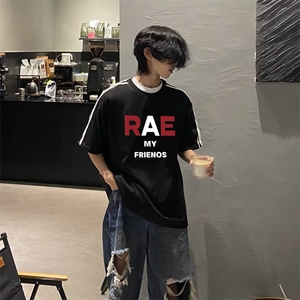 抖音得物高品质二开240克宽松纯棉美式潮牌三条杠织带短袖T恤图片