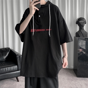 LD54071-P45 连帽短袖t恤男大码胖子带帽五分袖中袖图片