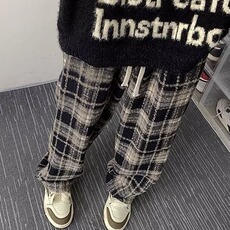 格子加大码休闲裤男秋季美式复古宽松直筒阔腿休闲长裤子男款，女装休闲裤，星座1210-1