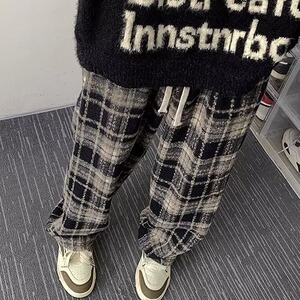 格子加大码休闲裤男秋季美式复古宽松直筒阔腿休闲长裤子男款图片