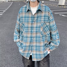 美式街头复古格子长袖衬衫男潮牌嘻哈刺绣宽松休闲百搭衬衣，男装衬衫，星座716-3
