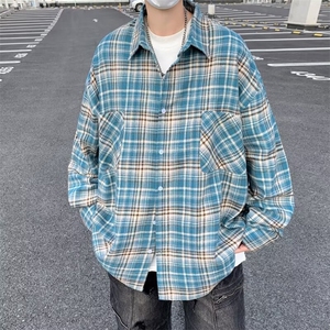 美式街头复古格子长袖衬衫男潮牌嘻哈刺绣宽松休闲百搭衬衣图片