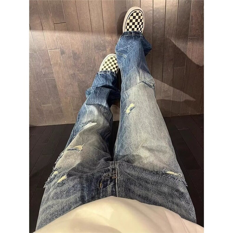 水洗闪电纹牛仔裤男美式vibe宽松显瘦破洞裤子直筒微喇裤图片