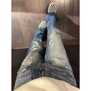 水洗闪电纹牛仔裤男美式vibe宽松显瘦破洞裤子直筒微喇裤,冬季酒红色低筒靴子怎么搭配图片