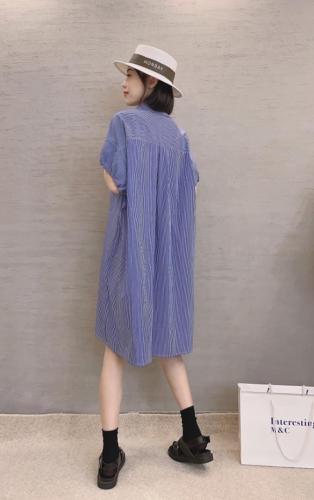 XL9915欧货韩版2021夏装新款翻领泡泡袖抽绳条纹连衣裙,女装连衣裙,L·H·X
