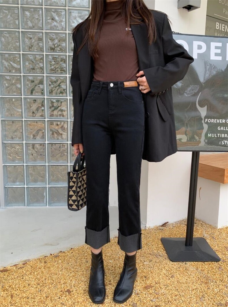 裤脚翻边织绒牛仔裤，女装牛仔裤，简 影