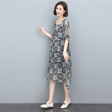2022夏季新款复古印花连衣裙宽松显瘦遮肚雪纺裙，女装连衣裙，依恋蒂丝