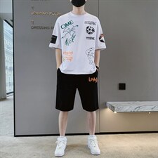 2024夏季休闲T恤套装男装短袖时尚潮流青少年两件套F307P58，男装休闲套装，电商A086