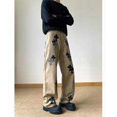 美式卡其棋盘格十字架贴布牛仔裤女秋冬2025新款长裤RK3150-P67，男装牛仔裤，星座412-3