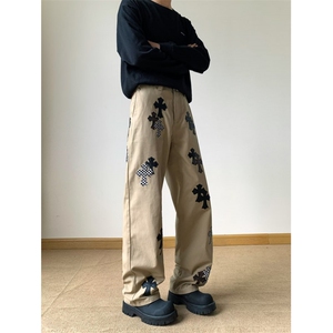 美式卡其棋盘格十字架贴布牛仔裤女秋冬2025新款长裤RK3150-P67图片