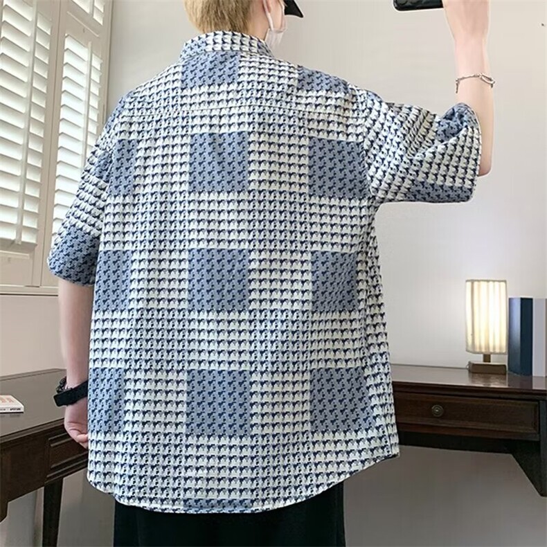 港风宽松青年格子短袖衬衫男士夏季百搭半袖衣服韩版潮流衬衣外套,男装衬衫,星座1013