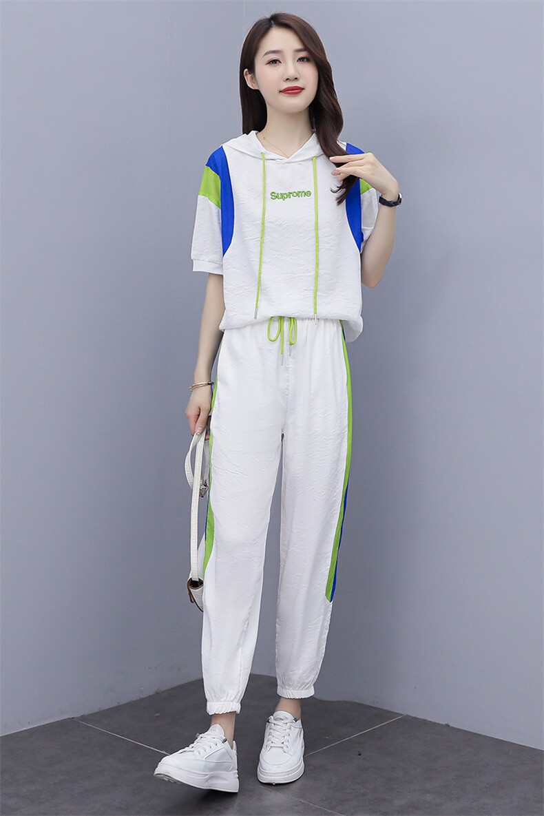 短袖时尚套装女2022夏季新款女装韩版休闲百搭撞色绣花两件套裤潮,女装套装/套裙,慧尚依恋