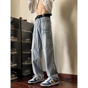 欧美高街vibe裤子ins潮牌毛边拼接工装牛仔裤男美式宽松直筒长裤图片