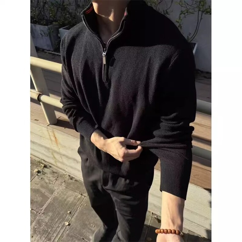 黑色半拉链红边立领针织衫毛衣男秋冬穿搭痞帅硬汉修身内搭打底衫，男装T恤，星座506A
