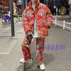 H203大花棉袄加绒裤套装新中式汉服男女表演出保暖防寒棉衣棉服潮，男装棉衣，星座115A(原星座507）